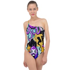 Cartoon Graffiti, Art, Black, Colorful, Wallpaper Classic One Shoulder Swimsuit