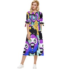 Cartoon Graffiti, Art, Black, Colorful, Wallpaper Bow Sleeve Chiffon Midi Dress by nateshop