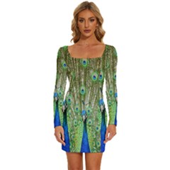 Peacock,army 1 Long Sleeve Square Neck Bodycon Velvet Dress