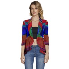 Peacock-feathers,blue 1 Women s 3/4 Sleeve Ruffle Edge Open Front Jacket by nateshop