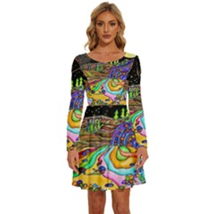 Nature Moon Psychedelic Painting Long Sleeve Wide Neck Velvet Dress by Sarkoni