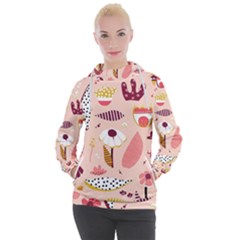 Scandinavian Flat Floral Background Coral Pink White Black Gold Pattern Women s Hooded Pullover by Sarkoni