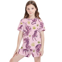 Pink Tigers And Tropical Leaves Patern Kids  T-shirt And Sports Shorts Set by Sarkoni