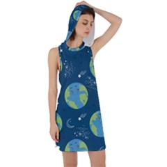 Seamless Pattern Cartoon Earth Planet Racer Back Hoodie Dress by Grandong