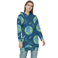 Seamless Pattern Cartoon Earth Planet Women s Long Oversized Pullover Hoodie by Grandong