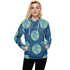 Seamless Pattern Cartoon Earth Planet Women s Lightweight Drawstring Hoodie by Grandong