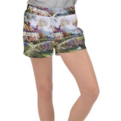 Colorful Cottage River Colorful House Landscape Garden Beautiful Painting Women s Velour Lounge Shorts