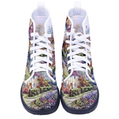 Colorful Cottage River Colorful House Landscape Garden Beautiful Painting Men s High-top Canvas Sneakers