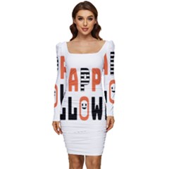 Happy Halloween Slot Text Orange Women Long Sleeve Ruched Stretch Jersey Dress by Sarkoni