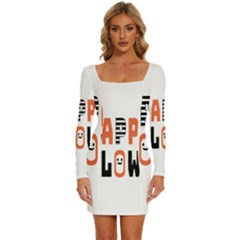 Happy Halloween Slot Text Orange Long Sleeve Square Neck Bodycon Velvet Dress by Sarkoni