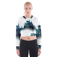 Blue Castle Halloween Horror Haunted House Cropped Sweatshirt by Sarkoni