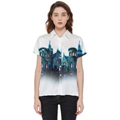 Blue Castle Halloween Horror Haunted House Short Sleeve Pocket Shirt by Sarkoni