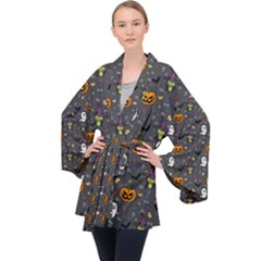 Halloween Bat Pattern Long Sleeve Velvet Kimono  by Ndabl3x