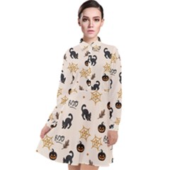 Cat Halloween Pattern Long Sleeve Chiffon Shirt Dress by Ndabl3x