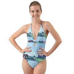 Japanese Themed Pixel Art The Urban And Rural Side Of Japan Halter Cut-out One Piece Swimsuit by Sarkoni