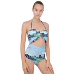 Japanese Themed Pixel Art The Urban And Rural Side Of Japan Scallop Top Cut Out Swimsuit