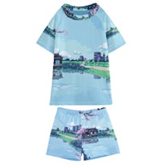 Japanese Themed Pixel Art The Urban And Rural Side Of Japan Kids  Swim T-shirt And Shorts Set by Sarkoni