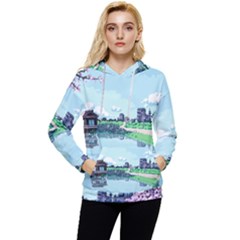 Japanese Themed Pixel Art The Urban And Rural Side Of Japan Women s Lightweight Drawstring Hoodie by Sarkoni