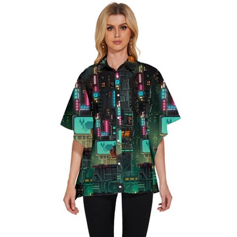 Video Game Pixel Art Women s Batwing Button Up Shirt by Sarkoni