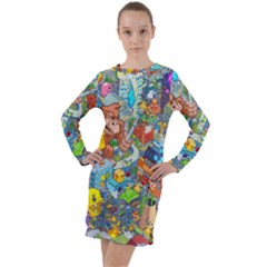 Pixel Art Retro Video Game Long Sleeve Hoodie Dress by Sarkoni