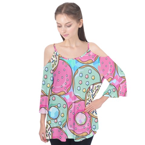 Donut Pattern Texture Colorful Sweet Flutter Sleeve T-shirt  by Grandong