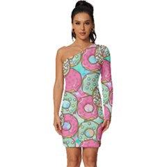 Donut Pattern Texture Colorful Sweet Long Sleeve One Shoulder Mini Dress by Grandong