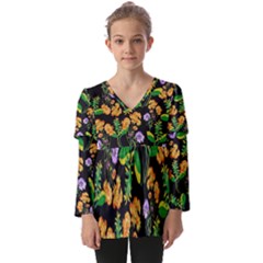 Flower Pattern Art Floral Texture Kids  V Neck Casual Top by Grandong