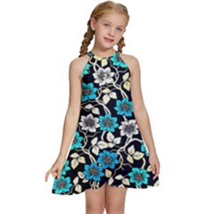 Blue Flower Pattern Floral Pattern Kids  Halter Collar Waist Tie Chiffon Dress by Grandong