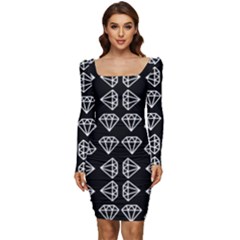 Black Diamond Pattern Women Long Sleeve Ruched Stretch Jersey Dress by Ndabl3x