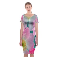Pink Neon Flowers, Flower Classic Short Sleeve Midi Dress