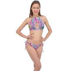 Pink Neon Flowers, Flower Cross Front Halter Bikini Set by nateshop