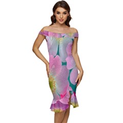 Pink Neon Flowers, Flower Off Shoulder Ruffle Split Hem Bodycon Dress