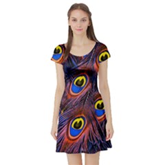 Peacock-feathers,blue,yellow Short Sleeve Skater Dress