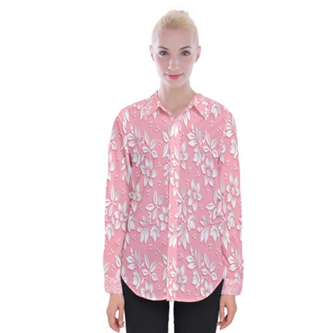 Pink Texture With White Flowers, Pink Floral Background Womens Long Sleeve Shirt by nateshop