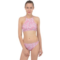 Pink Texture With White Flowers, Pink Floral Background Halter Bikini Set by nateshop