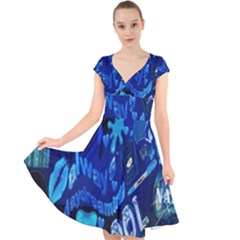 Really Cool Blue, Unique Blue Cap Sleeve Front Wrap Midi Dress
