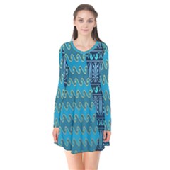 Aztec, Batik Long Sleeve V-neck Flare Dress by nateshop