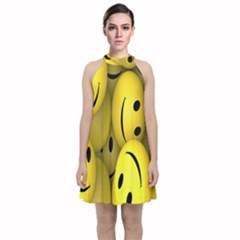 Emoji, Colour, Faces, Smile, Wallpaper Velvet Halter Neckline Dress 