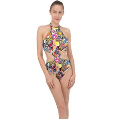 Sticker Bomb, Art, Cartoon, Dope Halter Side Cut Swimsuit by nateshop