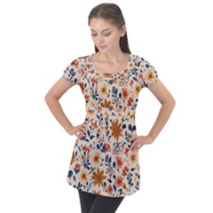 Boho Flowers Seamless Patternn Puff Sleeve Tunic Top by Jack14