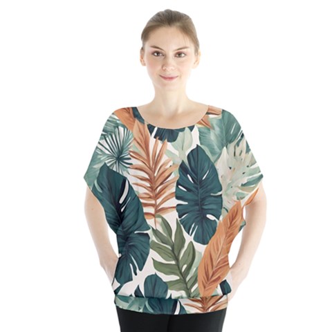 Tropical Leaf Batwing Chiffon Blouse by Jack14