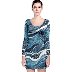 Abstract Blue Ocean Wave Long Sleeve Velvet Bodycon Dress by Jack14