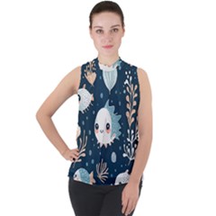 Fish Pattern Mock Neck Chiffon Sleeveless Top by Valentinaart