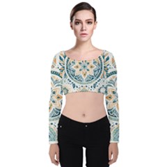 Boho Pattern Velvet Long Sleeve Crop Top by Valentinaart