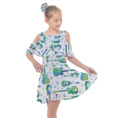 Guitars Music Notes Seamless Pattern Kids  Shoulder Cutout Chiffon Dress