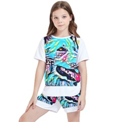 White Shepherd Turquoise Artsy T- Shirt White Shepherd (turquoise Artsy) T- Shirt Kids  T-shirt And Sports Shorts Set by ZUXUMI