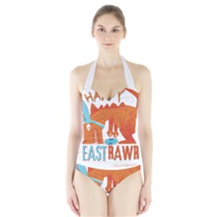 Easter Dinosaur T- Shirt Happy East Rawr T- Rex Dinosaur Easter Bunny T- Shirt Halter Swimsuit by ZUXUMI