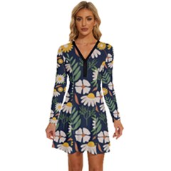 Flower Grey Pattern Floral Long Sleeve Deep V Mini Dress 