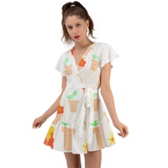 Garden T- Shirt Garden Flowers Pattern T- Shirt Flutter Sleeve Wrap Dress