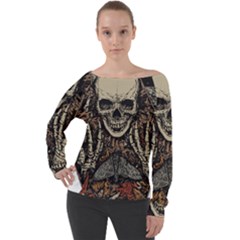 Gray And Multicolored Skeleton Illustration Off Shoulder Long Sleeve Velour Top